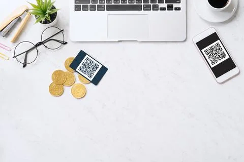 Online payment with QR code concept, virtual credit card, smart phone on offi Photos