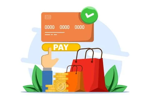 Online payment security concept, Smartphone with debit card, gold coins. Illustrazione stock