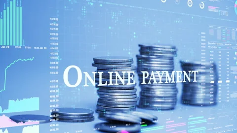 Online payment text on coins stack increase with business data hologram. Stock Footage 281387263
