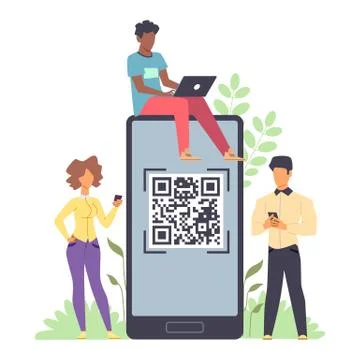 Online payment. Tiny men and woman standing with phones and laptop in hands and 스톡 일러스트