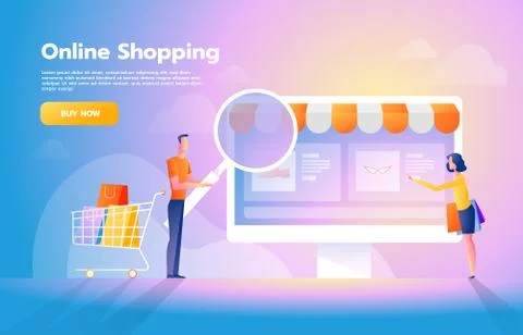 Online payment using application concept with couple shopping on smartphone Ilustração Stock