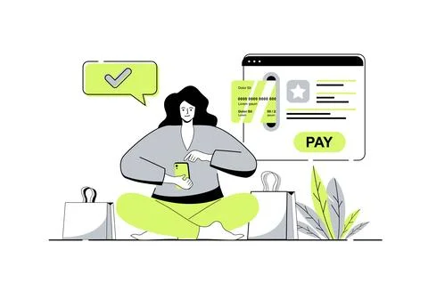 Online payment web concept with flat cartoon people for website design. Wom.. Stock Illustration