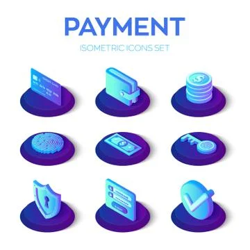 Online payments isons set. 3D isometric mobile payments icons. Personal data  Stock Illustration