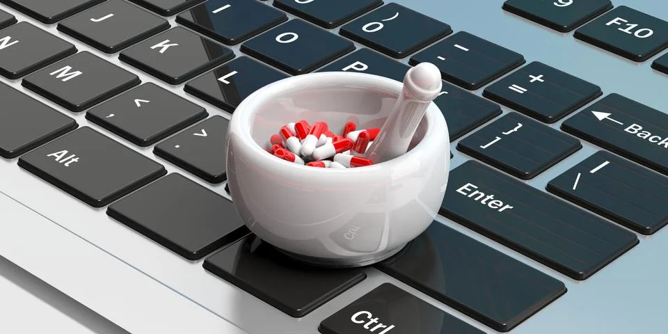 Online pharmacy concept. Pills capsules in a mortar, computer keyboard backgr Stock Illustration