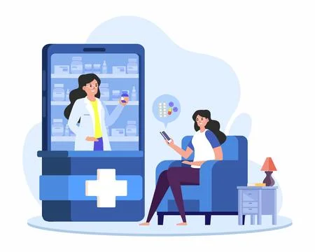 Online pharmacy Customer sitting on sofa and ordering medicines Stock Illustration