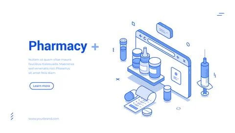 Online pharmacy isometric web banner template. Digital drugstore and medical  Stock Illustration