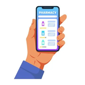 Online pharmacy mobile app interface on smartphone illustration Stock Illustration