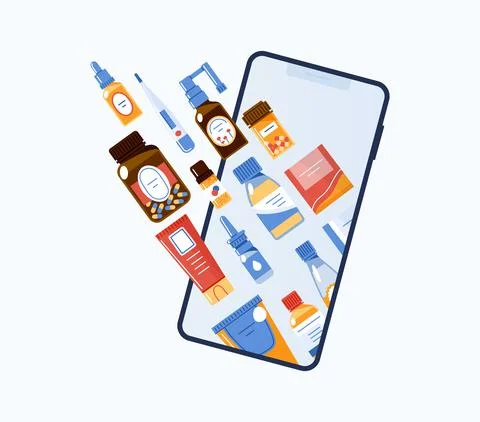 Online pharmacy via mobile app.Vector illustration isolated in white background Stock Illustration
