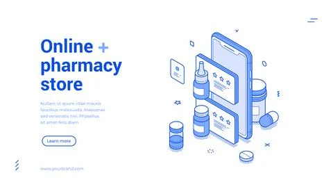 Online pharmacy store isometric web banner template. Mobile drugstore app for Stock Illustration
