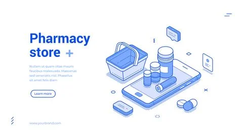 Online pharmacy store isometric web banner template. Mobile medicine shopping Stock Illustration