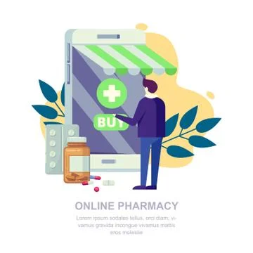 Online pharmacy store, vector flat illustration. Man and drugstore on smartph Stock Illustration