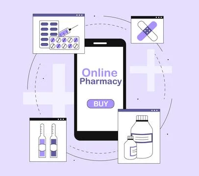 Online pharmacy vector line concept Illustrazione stock