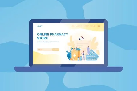 Online pharmacy web banner on computer or laptop. Medicine Stock Illustration