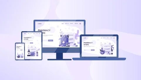 Online pharmacy web banner on differernt device, computer, laptop Stock Illustration
