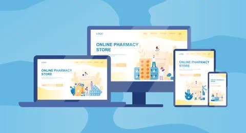 Online pharmacy web banner on differernt device, computer, laptop Illustrazione stock