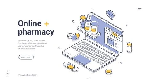 Online pharmacy web banner. Isometric template for a landing page on e-commer Illustrazione stock