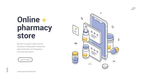 Online pharmacy web banner. Isometric template for a mobile drugstore app. Ve Stock Illustration
