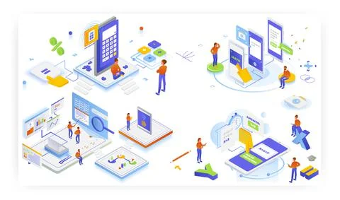 Online photo, web calculators, math equation solver, vector isometric Stock Illustration
