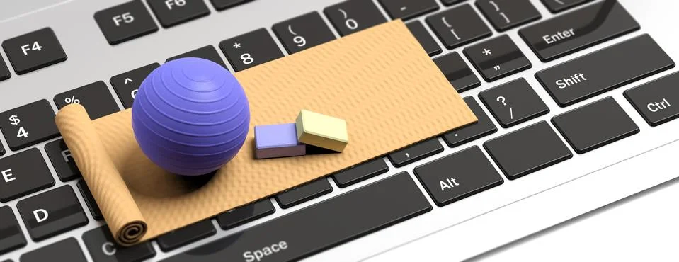 Online pilates classes. Exercise mat, pilates ball and bricks on computer key Stock Illustration