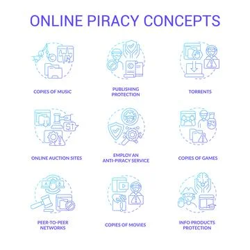 Online piracy blue gradient concept icons set Illustrazione stock