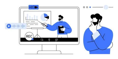 Online Presentation with Remote Meeting Features and Analytics Displayed on.. Stock Illustration