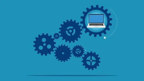 Online process. Gear mechanism with laptop Stock Illustration