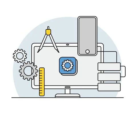 Online Profession with Learning Platform and Computer Interface Display Line Stock Illustration