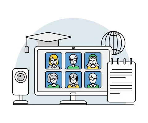 Online Profession with Learning Platform and Computer Interface Display Line 스톡 일러스트