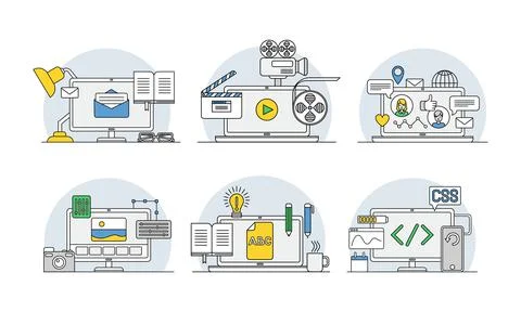 Online Profession with Learning Platform and Computer Interface Display Line Illustrazione stock