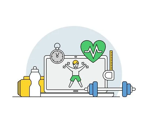 Online Profession with Learning Platform for Doing Sport and Computer Interface Stock Illustration