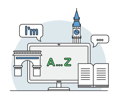 Online Profession with Learning Platform for English Language Study and Computer Illustrazione stock