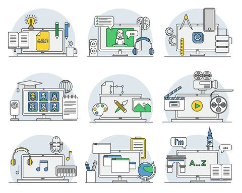 Online Professions with Learning Platform and Computer Interface Display Line 스톡 일러스트