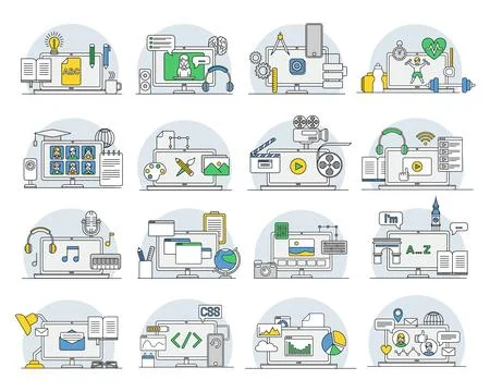 Online Professions with Learning Platform and Computer Interface Display Line 库存插图