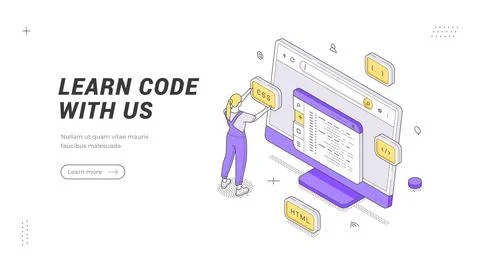 Online programming course and web development education isometric banner temp Stockillustratie