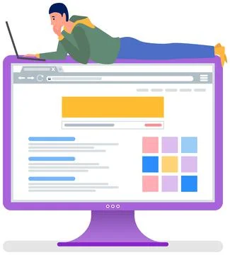 Online programming, internet surfing on website. Man lying on monitor with Stock Illustration