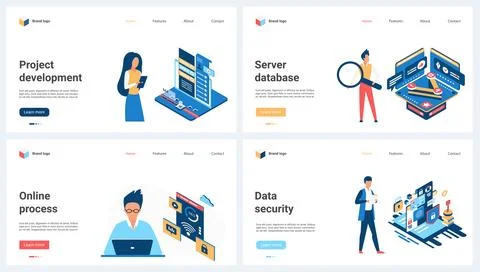 Online project development processes, cloud server data security set and tiny Illustrazione stock