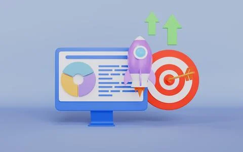 Online project start and development process, Rocket ship, target dashboard Stock Illustration