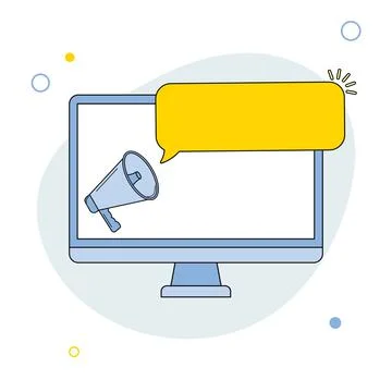 Online promotion icon. Computer screen with megaphone and speech bubble Stock Illustration