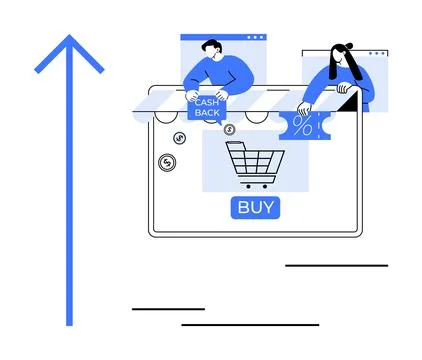 Online purchase with cart button, man holding cashback sign, woman with puzzl Stock Illustration