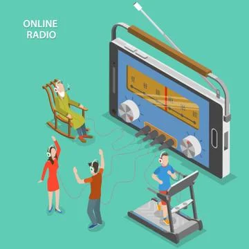 Online radio isometric flat vector concept. Stock Illustration