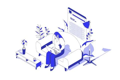Online reading 3d isometric concept in isometry graphic design for web. Peopl Stock Illustration