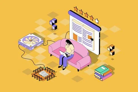 Online reading concept in 3d isometric design. Woman read e-book using laptop Stock Illustration