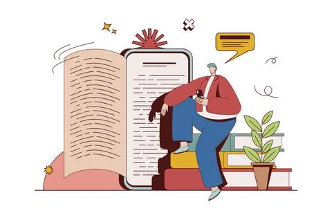 Online reading concept with character situation in flat design. Man reads e.. Illustrazione stock