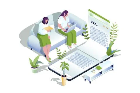 Online reading web concept in 3d isometric design. People reading e-books or  Stock Photos