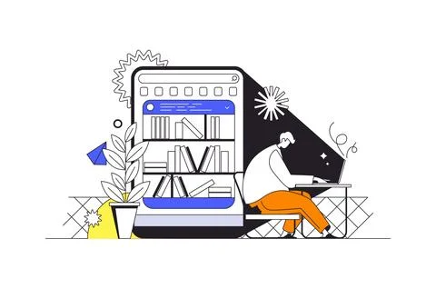 Online reading web concept in flat outline design with character. Man reading Stock Illustration