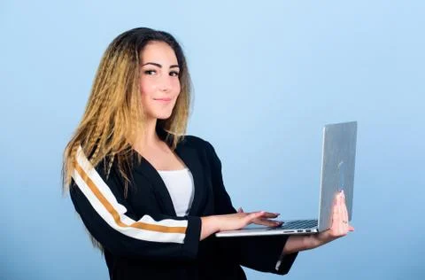 Online remote job. Study programming. Blogging concept. Girl with laptop Stock Photos