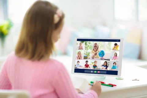 Online remote learning. School kids with computer. Foto stock