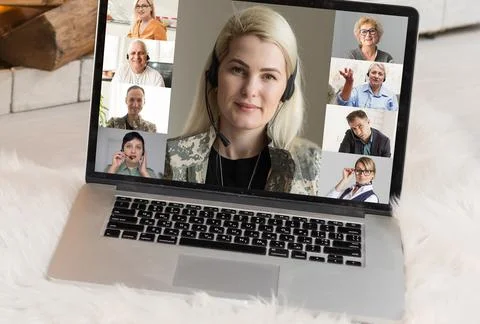 Online remote learning. Teacher with computer having video conference chat with Foto stock