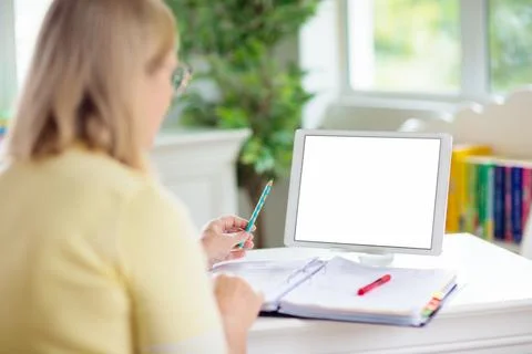 Online remote learning. Teacher with computer. 스톡 사진