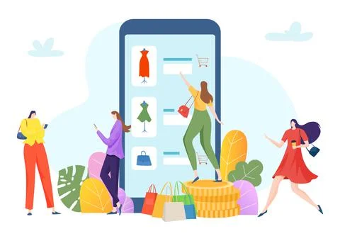 Online remote smartphone shopping application, tiny group woman together 스톡 일러스트